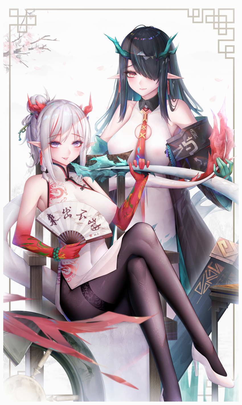 :p absurdres aqua_gloves arknights bangs bare_shoulders black_hair black_jacket black_legwear blush breasts chair china_dress chinese_clothes colored_skin covered_navel crossed_legs dragon_girl dragon_horns dragon_tail dress dusk_(arknights) earrings elbow_gloves eyebrows_visible_through_hair fan fang folding_fan gloves gradient_skin hair_ornament hair_over_one_eye hair_stick high_heels highres holding holding_fan holding_tail horns incest jacket jewelry large_breasts long_hair long_sleeves looking_at_another necktie nian_(arknights) nian_(unfettered_freedom)_(arknights) off_shoulder open_clothes open_jacket orange_eyes pantyhose pelvic_curtain planted_sword planted_weapon pointy_ears ponytail red_neckwear red_skin saliva short_hair siblings silver_hair simple_background sisters sitting skin_fang sleeveless standing sword tail tail_licking thighband_pantyhose tongue tongue_out translation_request violet_eyes weapon white_background white_dress white_footwear yuri zhixue