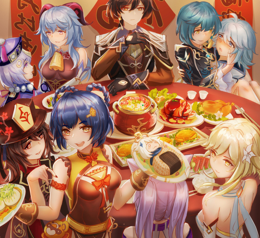 1girl absurdres food ganyu_(genshin_impact) genshin_impact highres hu_tao keqing_(genshin_impact) luai lumine_(genshin_impact) round_table shinkon_santaku table twintails xiangling_(genshin_impact) zhongli_(genshin_impact)