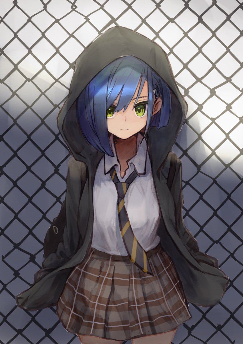 1girl :| arms_at_sides asymmetrical_bangs asymmetrical_hair bangs black_hoodie black_neckwear blue_hair bob_cut brown_skirt chain-link_fence closed_mouth commentary cowboy_shot darling_in_the_franxx dress_shirt expressionless fence green_eyes grey_background hair_ornament hair_over_one_eye hairclip hands_in_pockets highres hood hood_up hoodie ichigo_(darling_in_the_franxx) looking_at_viewer loose_necktie necktie open_clothes open_hoodie plaid plaid_skirt pleated_skirt sahini school_uniform shirt short_hair skirt solo standing striped striped_neckwear white_background white_shirt yellow_neckwear
