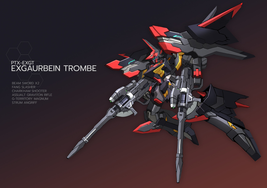 character_name dual_wielding english_commentary exbein fusion gradient gradient_background green_eyes guarlion_trombe gun highres holding holding_gun holding_weapon kadej mecha mechanical_wings no_humans science_fiction solo super_robot_wars super_robot_wars_original_generation weapon wings