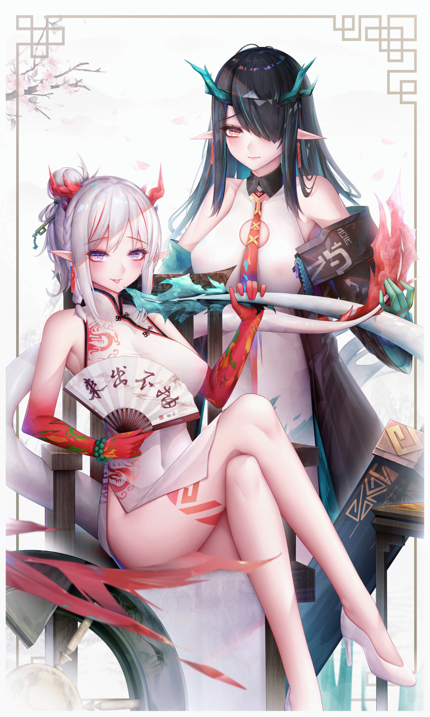 :p absurdres aqua_gloves arknights bangs bare_legs bare_shoulders black_hair black_jacket blush breasts chair china_dress chinese_clothes colored_skin covered_navel crossed_legs dragon_girl dragon_horns dragon_tail dress dusk_(arknights) earrings elbow_gloves eyebrows_visible_through_hair fan fang folding_fan gloves gradient_skin hair_ornament hair_over_one_eye hair_stick high_heels highres holding holding_fan holding_tail horns incest jacket jewelry large_breasts long_hair long_sleeves looking_at_another necktie nian_(arknights) nian_(unfettered_freedom)_(arknights) off_shoulder open_clothes open_jacket orange_eyes pelvic_curtain planted_sword planted_weapon pointy_ears ponytail red_neckwear red_skin saliva short_hair siblings silver_hair simple_background sisters sitting skin_fang sleeveless standing sword tail tail_licking tongue tongue_out translation_request violet_eyes weapon white_background white_dress white_footwear yuri zhixue