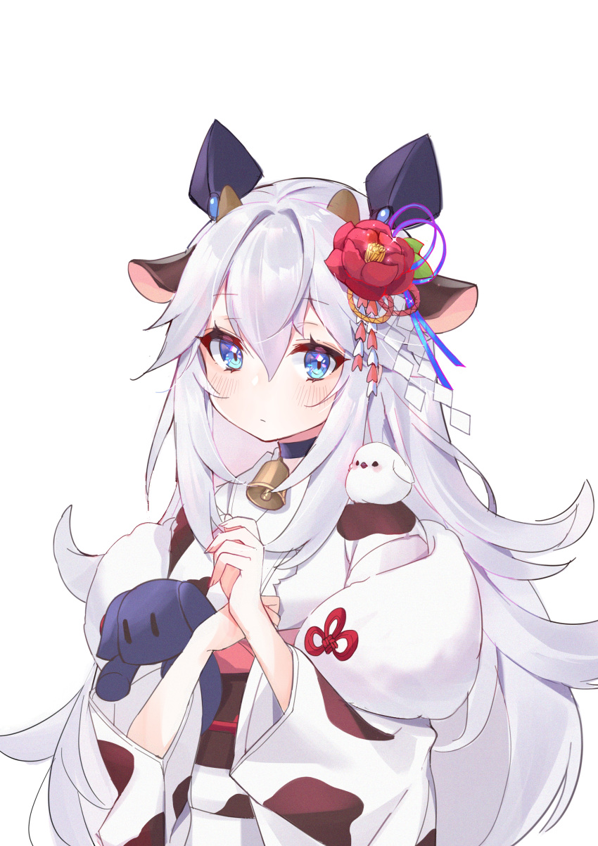 1girl absurdres alternate_costume animal animal_ears animal_on_shoulder animal_print bell bell_choker bird bird_on_shoulder blue_eyes camellia chinese_zodiac choker closed_mouth commentary_request cow_ears cow_horns cow_print evelyn_(final_gear) final_gear flower fujoshi_kusako hair_between_eyes hair_flower hair_ornament hand_on_own_chest hand_up highres holding holding_stuffed_toy horns japanese_clothes kanzashi kemonomimi_mode kimono long_hair new_year no_nose obi red_flower sash shawl shide simple_background solo stuffed_toy upper_body white_background white_hair year_of_the_ox