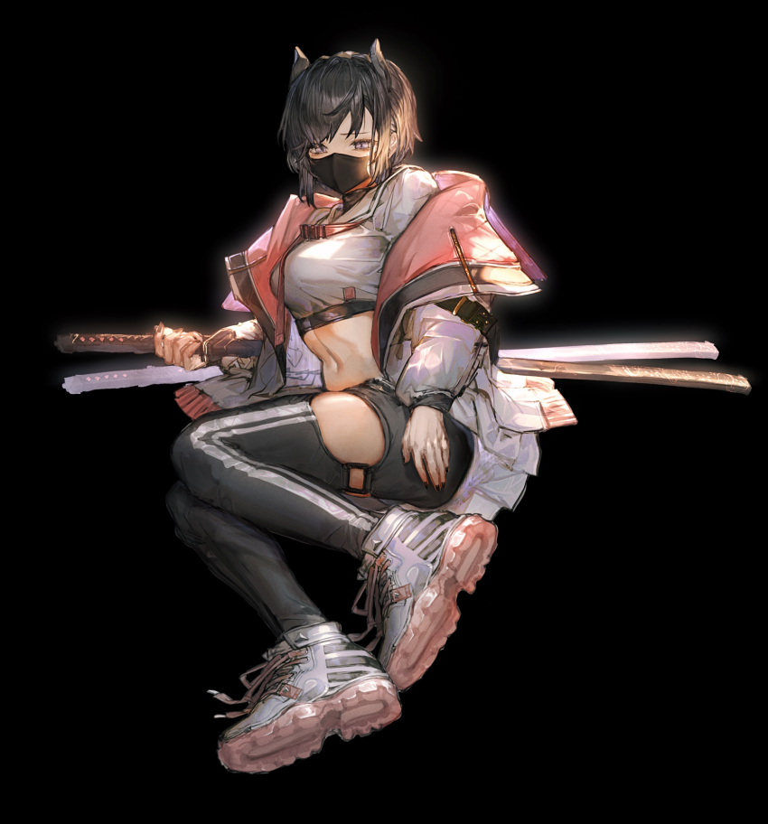 1girl animal_ears black_background black_hair black_legwear black_nails breasts clothing_cutout covered_mouth crop_top detached_leggings fingernails full_body hand_on_hilt highres jacket katana legs_together mask medium_breasts midriff mouth_mask multiple_swords navel nonokuro o-ring o-ring_legwear open_clothes open_jacket original sheath sheathed shoes short_hair sidelighting silver_jacket sneakers solo striped striped_legwear surgical_mask sword thigh_cutout thighs toned vertical-striped_legwear vertical_stripes violet_eyes weapon white_footwear