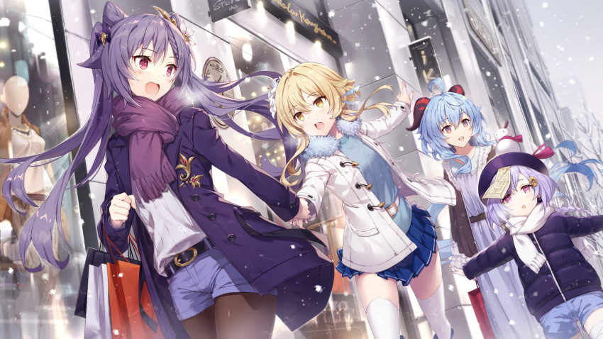 4girls bangs belt blonde_hair blue_hair blush breasts coin_hair_ornament contemporary double_bun gabiran ganyu_(genshin_impact) genshin_impact hat highres horns jacket keqing_(genshin_impact) large_breasts long_hair long_sleeves lumine_(genshin_impact) multiple_girls ofuda open_mouth purple_hair purple_headwear qing_guanmao qiqi scarf shorts sidelocks skirt smile snowing talisman thigh-highs thighs twintails