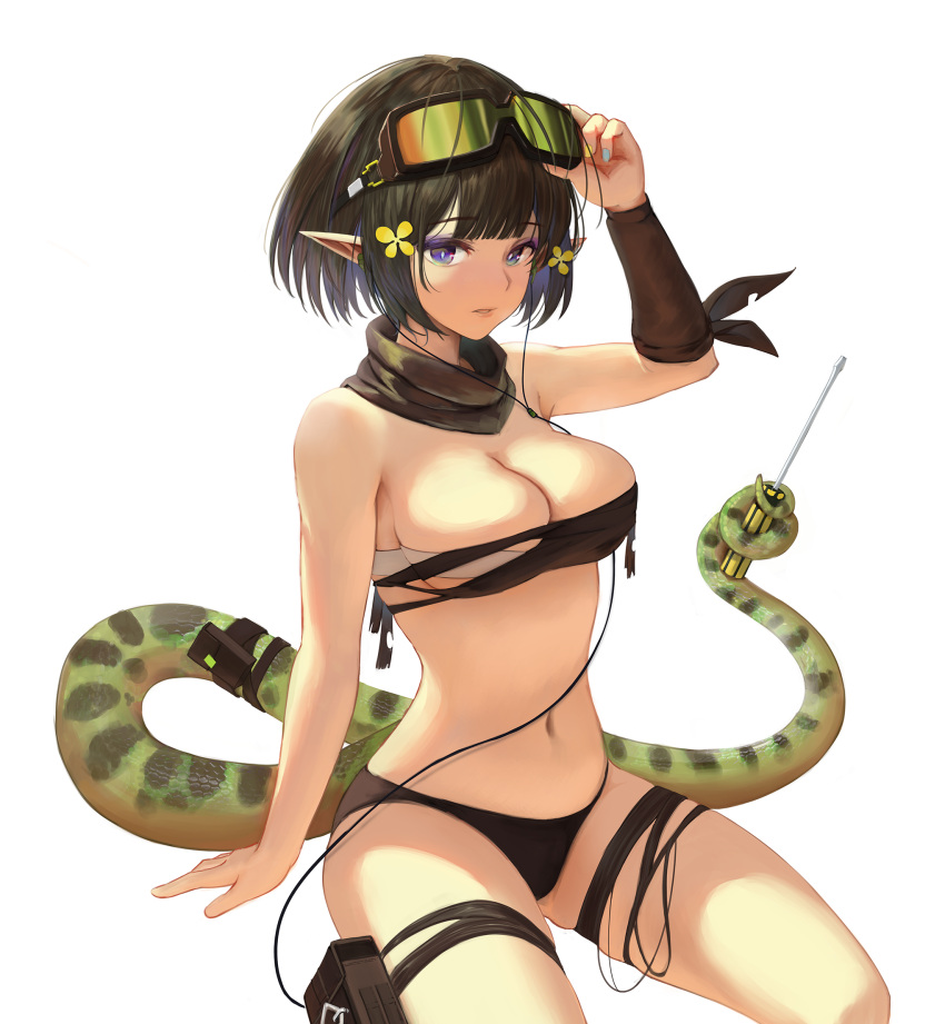 1girl arknights arm_strap bandeau bangs black_hair black_scarf blue_eyes earphones eunectes_(arknights) goggles goggles_on_head highres holding holding_wrench looking_at_viewer nanairo_(kim0116v) navel pointy_ears pouch prehensile_tail scarf short_hair simple_background sitting snake_tail solo strapless tail thigh_pouch thigh_strap tubetop white_background wrench