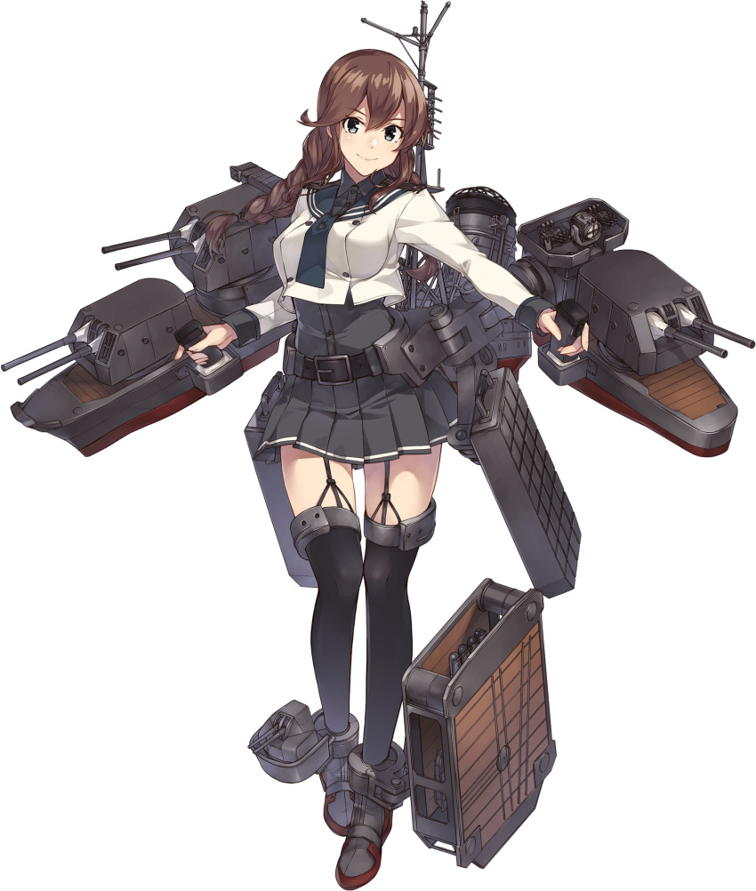 1girl black_shirt blue_eyes braid brown_hair buttons closed_mouth collared_shirt full_body garter_straps highres kantai_collection konishi_(koconatu) long_hair long_sleeves looking_at_viewer machinery noshiro_(kantai_collection) official_art remodel_(kantai_collection) rigging shirt smile solo thigh-highs transparent_background turret twin_braids