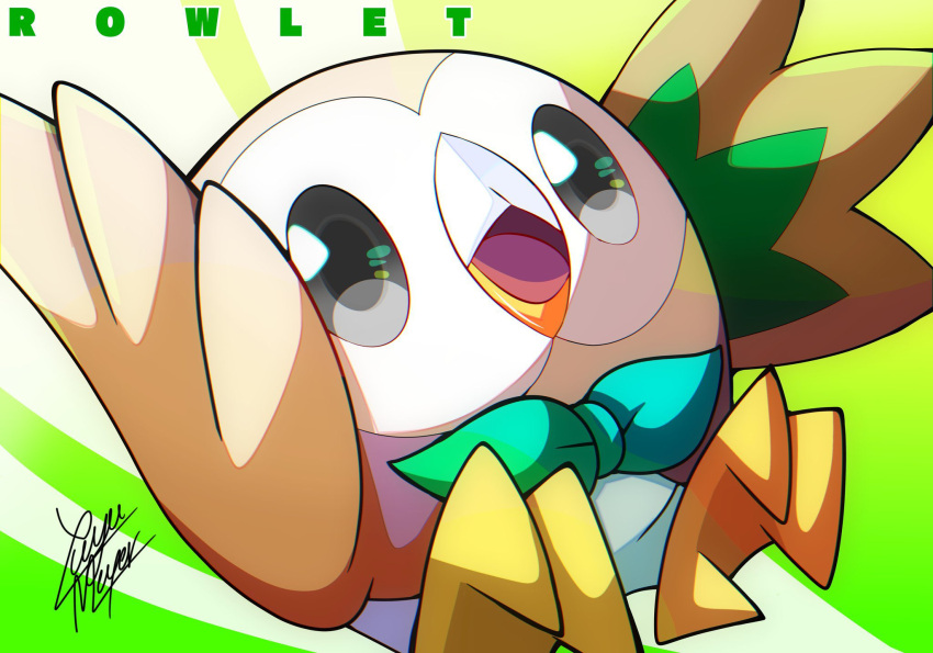 bird character_name commentary gen_7_pokemon grey_eyes highres looking_at_viewer open_mouth pokemon pokemon_(creature) rowlet signature starter_pokemon talons tongue yuyu_maybe