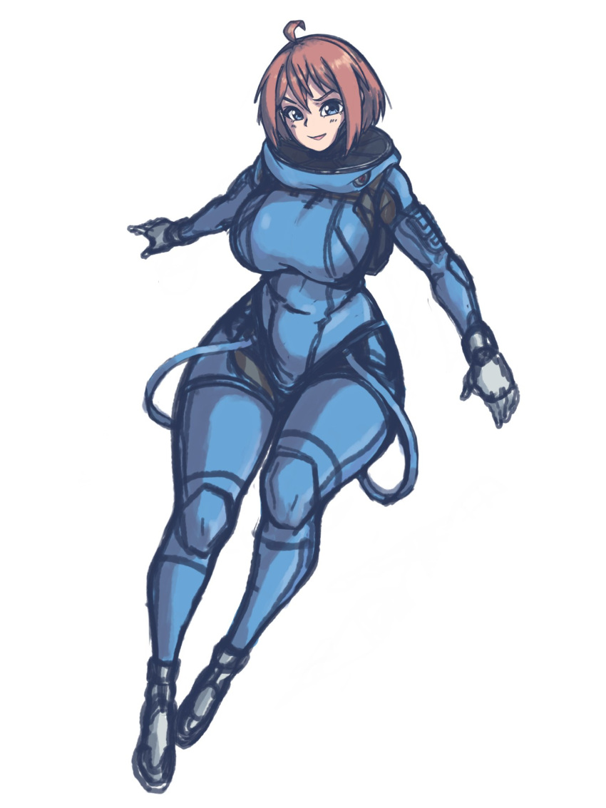 1girl ahoge bangs blue_eyes breasts brown_hair brups_tv covered_navel floating gloves grey_gloves hair_between_eyes highres large_breasts looking_at_viewer open_hands original short_hair sketch smile solo space_girl_(brups_tv) spacesuit symbol_commentary v-shaped_eyebrows white_background wire