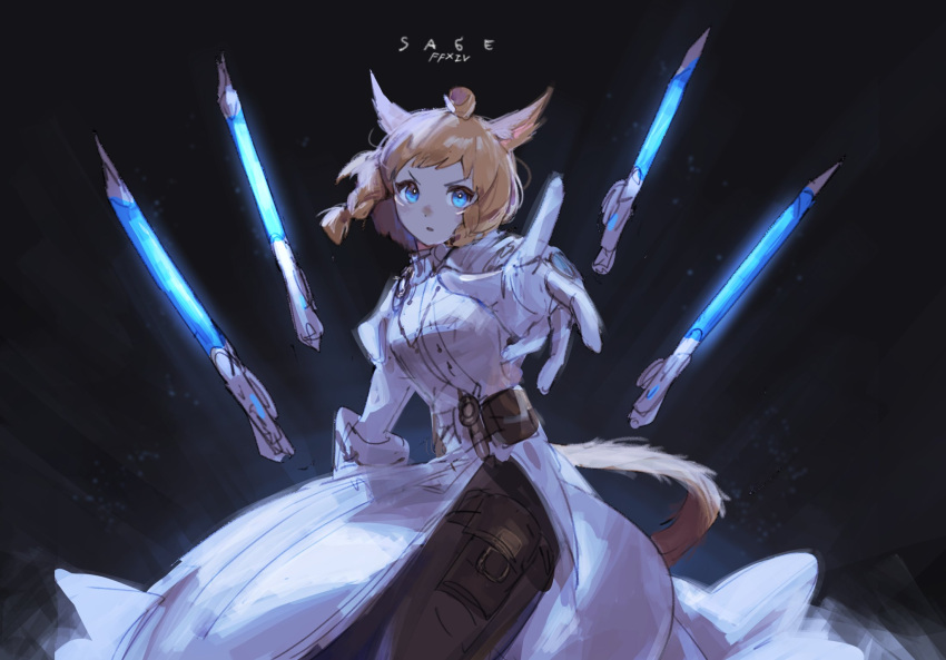 1girl animal_ears blonde_hair cat_ears cat_tail dark_background final_fantasy final_fantasy_xiv floating_weapon glowing glowing_weapon highres jacket looking_at_viewer miqo'te outstretched_arm sage_(final_fantasy) short_hair solo tail velahka weapon