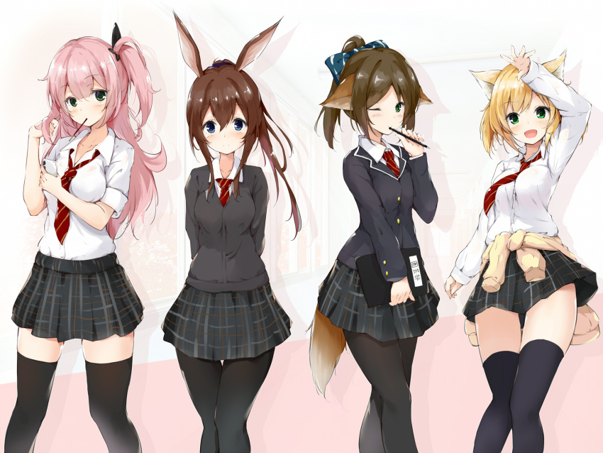 4girls ambriel_(arknights) amiya_(arknights) animal_ears arknights arm_up bangs blazer blonde_hair blue_eyes blush bow breasts brown_eyes brown_hair cellphone clothes_around_waist collared_shirt eyebrows_visible_through_hair feet_out_of_frame food fox_ears fox_tail hair_between_eyes hair_bow hair_ribbon highres jacket kusunoki_(gwzx5574) long_hair long_sleeves looking_at_viewer mouth_hold multiple_girls necktie notebook one_eye_closed one_side_up open_mouth pantyhose pencil perfumer_(arknights) phone pink_hair plaid plaid_skirt pleated_skirt pocky ponytail rabbit_ears ribbon school_uniform shirt short_hair skirt sleeves_folded_up smartphone smile sora_(arknights) sweater sweater_around_waist tail thigh-highs twintails white_shirt wolf_ears zettai_ryouiki