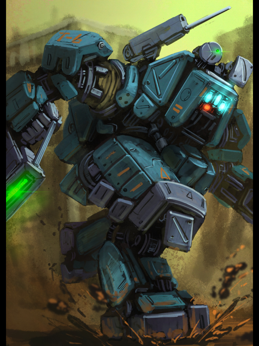 blue_eyes bottoms1237 extra_eyes glowing glowing_eyes gun highres holding holding_gun holding_weapon looking_down mecha mud no_humans original science_fiction shoulder_cannon solo weapon