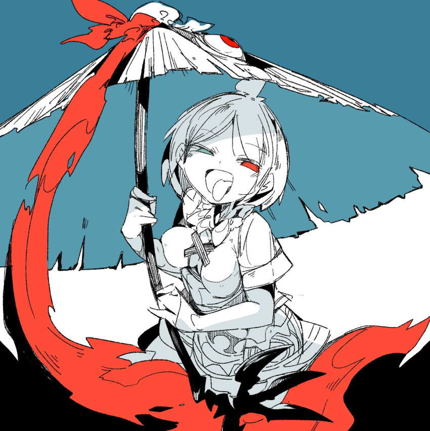 1girl ahoge blue_background blue_eyes breasts heterochromia highres holding holding_umbrella karakasa_obake limited_palette looking_at_viewer ma_sakasama medium_breasts red_eyes shirt short_hair short_sleeves smile solo tatara_kogasa tongue tongue_out touhou umbrella upper_body