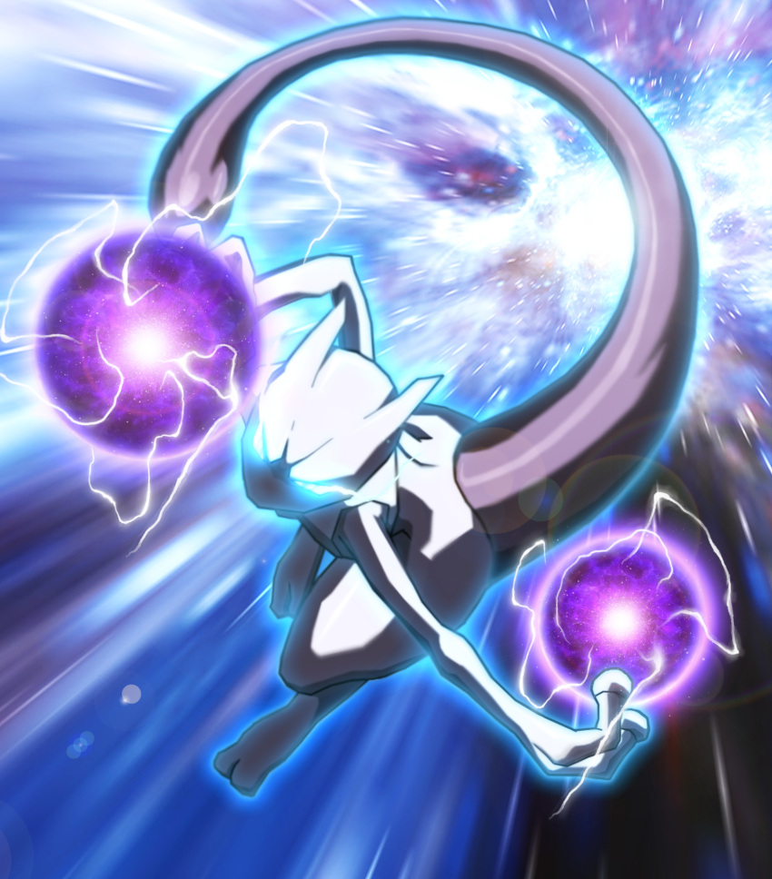 blue_eyes commentary_request elyoncat energy_ball full_body gen_1_pokemon glowing glowing_eyes highres legendary_pokemon lens_flare mewtwo no_humans pokemon pokemon_(creature) solo toes