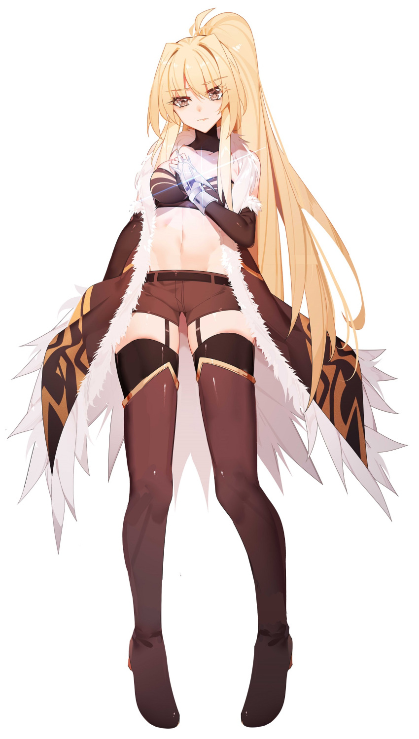 1girl antenna_hair black_legwear blonde_hair boots breasts coat dungeon_and_fighter elbow_gloves fighter_(dungeon_and_fighter) fingerless_gloves fur-trimmed_jacket fur_trim garter_straps gloves highres jacket long_hair midriff nami_qi navel pantyhose ponytail short_shorts shorts solo thigh-highs thigh_boots very_long_hair yellow_eyes
