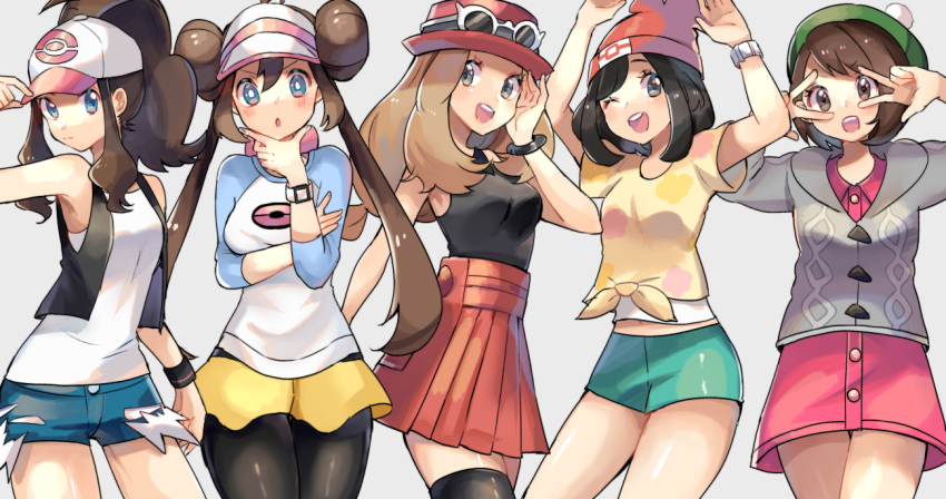 5girls bangs baseball_cap beanie black_hair black_legwear black_shirt black_vest blush bob_cut bow breasts brown_eyes brown_hair buttons cable_knit cardigan chin_stroking closed_mouth collared_dress commentary_request double_bun double_w dress eyelashes floral_print gloria_(pokemon) green_headwear green_shorts grey_background grey_cardigan grey_eyes hand_on_headwear hat high_ponytail hilda_(pokemon) long_hair looking_at_viewer multiple_girls open_mouth pantyhose pink_bow pink_dress pleated_skirt pokemon pokemon_(game) pokemon_bw pokemon_bw2 pokemon_sm pokemon_swsh pokemon_xy raglan_sleeves red_headwear red_skirt ririmon rosa_(pokemon) selene_(pokemon) serena_(pokemon) shirt short_shorts shorts sidelocks simple_background skirt sleeveless sleeveless_shirt smile sunglasses tam_o'_shanter teeth thigh-highs tied_shirt tongue twintails two-tone_headwear vest visor_cap w white-framed_eyewear white_shirt yellow_shirt yellow_shorts