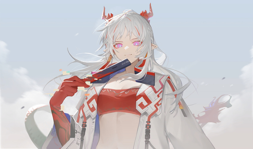 1girl arknights bandeau bangs holding horns huanxiang_heitu jacket long_hair long_sleeves looking_at_viewer midriff multicolored_hair nian_(arknights) official_art open_clothes open_jacket pointy_ears redhead silver_hair smile solo stomach strapless streaked_hair tubetop upper_body violet_eyes white_jacket