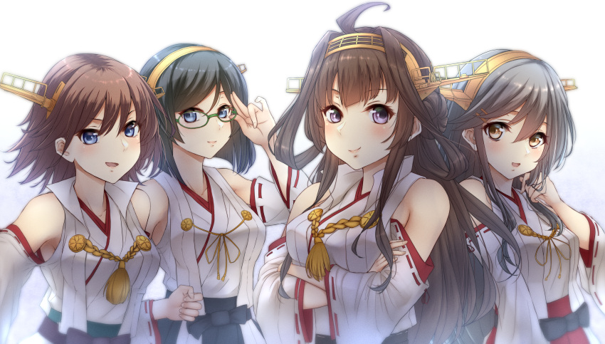 4girls bare_shoulders black_hair black_skirt blue_eyes blush brown_eyes brown_hair closed_mouth crossed_arms detached_sleeves eyebrows_visible_through_hair glasses gradient gradient_background green-framed_eyewear grey_eyes hair_between_eyes hairband haruna_(kantai_collection) headgear hiei_(kantai_collection) highres japanese_clothes kantai_collection kirishima_(kantai_collection) kongou_(kantai_collection) long_hair multiple_girls nontraditional_miko nuka_(nvkka) open_mouth pleated_skirt red_skirt remodel_(kantai_collection) ribbon-trimmed_sleeves ribbon_trim short_hair skirt smile upper_body violet_eyes wide_sleeves