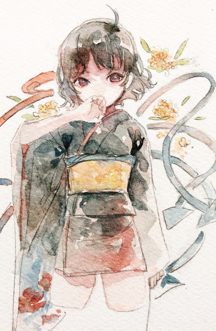 1girl adapted_costume ahoge asymmetrical_wings black_hair black_kimono blue_wings commentary cowboy_shot cropped_legs flower hand_up highres houjuu_nue japanese_clothes kimono long_sleeves looking_at_viewer red_eyes red_wings ryokotyu short_hair solo touhou traditional_media watercolor_(medium) white_background wide_sleeves wings
