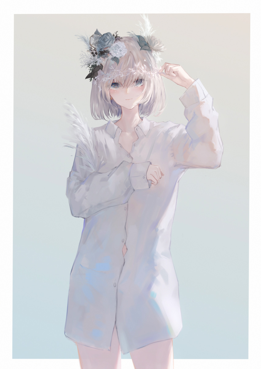 1girl arm_up bangs blue_eyes blue_flower blue_rose blush closed_mouth collared_shirt commentary_request dress_shirt flower grey_background grey_hair hair_between_eyes hair_flower hair_ornament highres kisei2 long_sleeves looking_at_viewer no_pants original partially_unbuttoned rose shirt sleeves_past_wrists solo white_flower white_shirt
