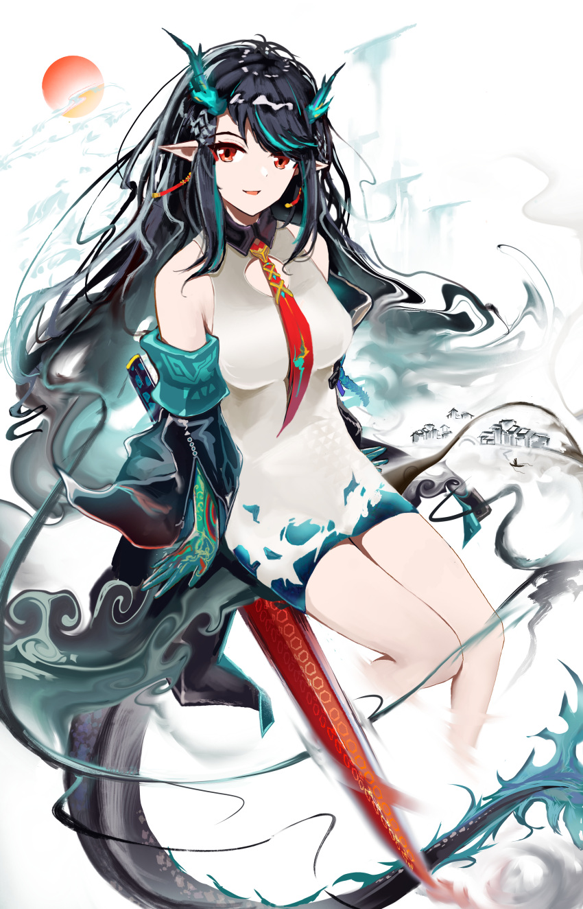 1girl :d absurdres aqua_eyes aqua_gloves arknights bangs bare_shoulders black_hair black_jacket breasts cropped_legs dragon_girl dragon_horns dragon_tail dress dusk_(arknights) earrings elbow_gloves gloves gradient_hair highres horns jacket jewelry long_sleeves looking_at_viewer medium_breasts multicolored_hair necktie off_shoulder open_mouth pointy_ears red_eyes red_neckwear short_dress sitting smile solo sun swept_bangs sword tail wangzili_shitoumen weapon white_dress