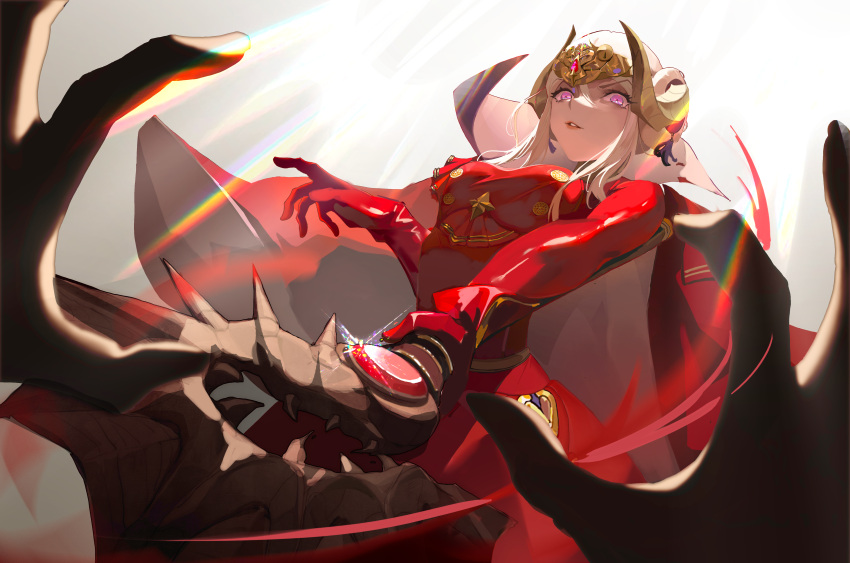 1girl absurdres axe aymr_(weapon) breasts cape corset dingzi edelgard_von_hresvelg fire_emblem fire_emblem:_three_houses gloves hair_ribbon highres holding holding_axe horned_headwear huge_filesize long_hair looking_at_viewer red_cape ribbon solo under_boob violet_eyes weapon white_hair