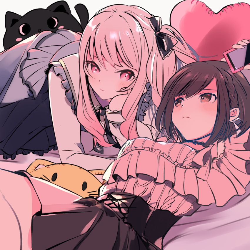 1girl 1other :t akiyama_mizuki ambiguous_gender apron arm_up bare_legs bed_sheet black_bow black_skirt blue_apron blush bob_cut bow brown_hair cat_pillow commentary_request dot_nose feet_out_of_frame frilled_shirt frills hair_bow hand_on_own_chin heart heart_pillow holding holding_phone long_sleeves looking_at_another lying medium_hair on_back on_stomach phone pillow pink_eyes pink_hair pink_shirt pink_theme pout project_sekai shinoda_mugi shinonome_ena shirt short_hair side_ponytail sidelocks skirt smile white_shirt