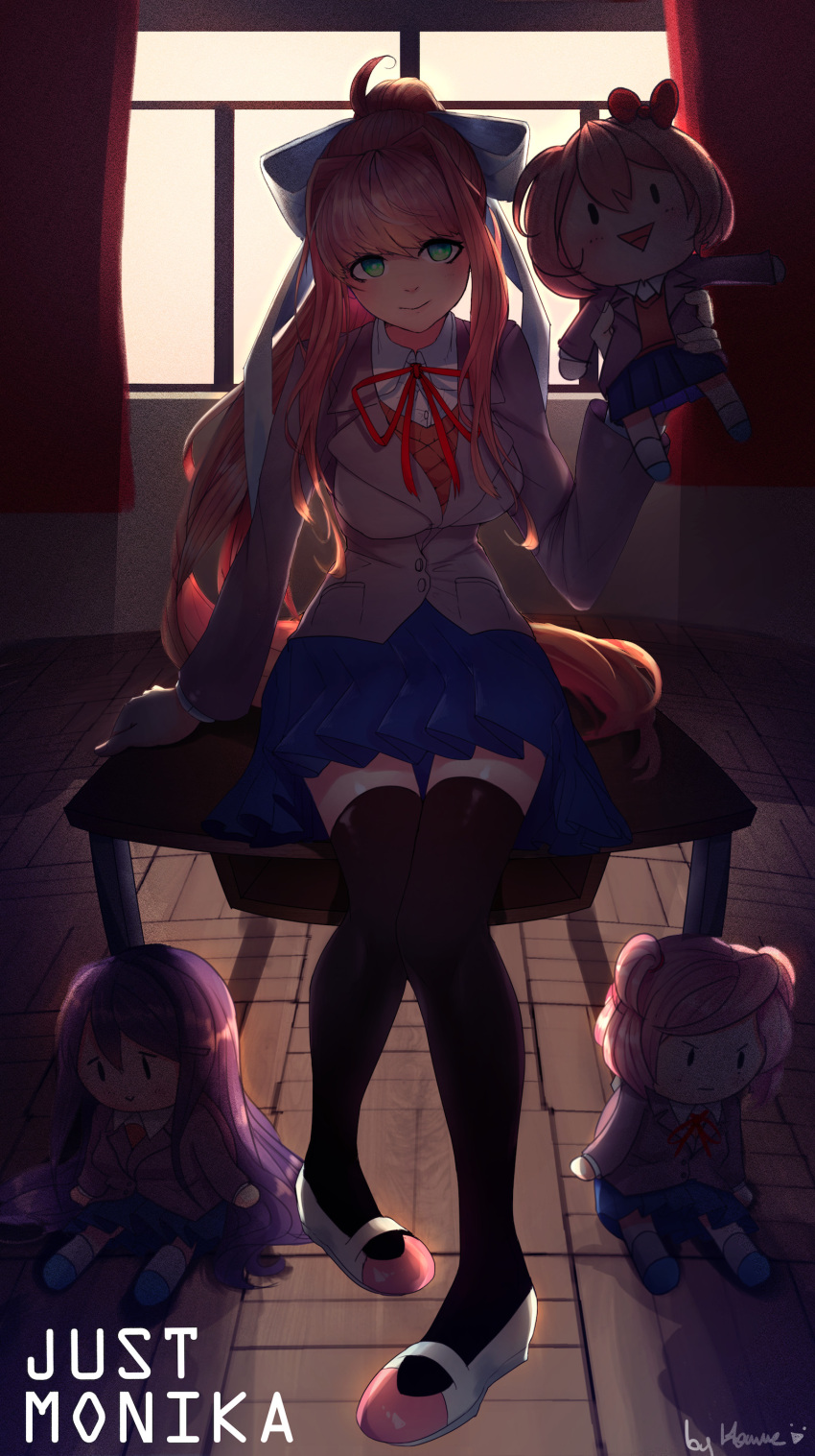 1girl absurdres artist_name backlighting bangs blazer blue_skirt blush bow brown_hair character_doll character_name doki_doki_literature_club english_commentary green_eyes hair_bow head_tilt highres holding holding_stuffed_toy hommie-k9k9 jacket long_hair long_ponytail monika_(doki_doki_literature_club) natsuki_(doki_doki_literature_club) necktie pink_hair ponytail purple_hair sayori_(doki_doki_literature_club) sitting skirt smile solo stuffed_toy thigh-highs very_long_hair white_bow yuri_(doki_doki_literature_club)