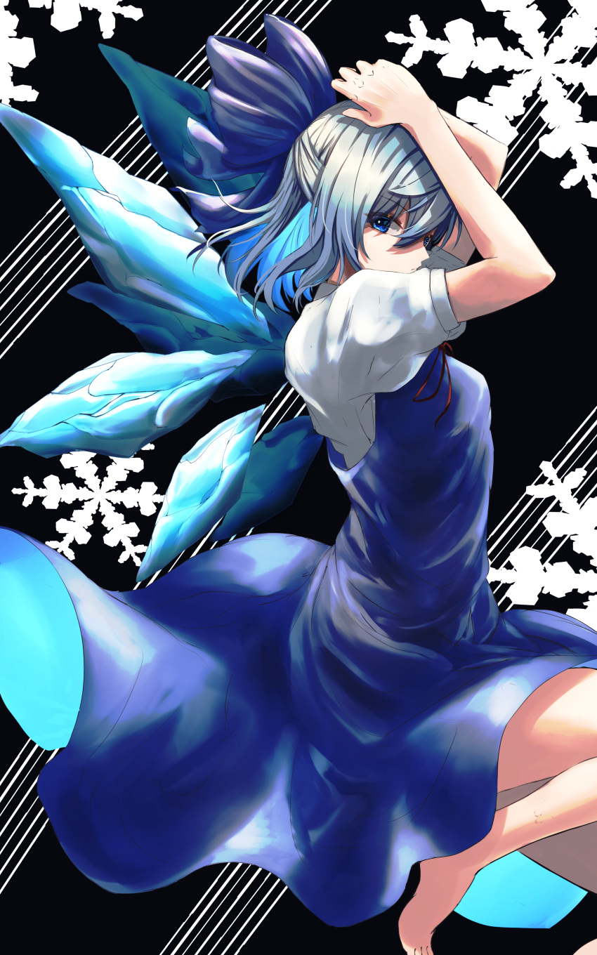 1girl absurdres arms_up barefoot black_background blue_dress blue_eyes blue_hair breasts cirno commentary_request dress floating_clothes folded_leg hair_ribbon half_updo hands_on_own_head highres light_frown looking_at_viewer partial_commentary pinafore_dress puffy_short_sleeves puffy_sleeves red_neckwear red_ribbon ribbon shirt short_hair short_sleeves sideways_glance small_breasts snowflake_background solo striped striped_background touhou white_shirt wings yagi_(yagi5art)