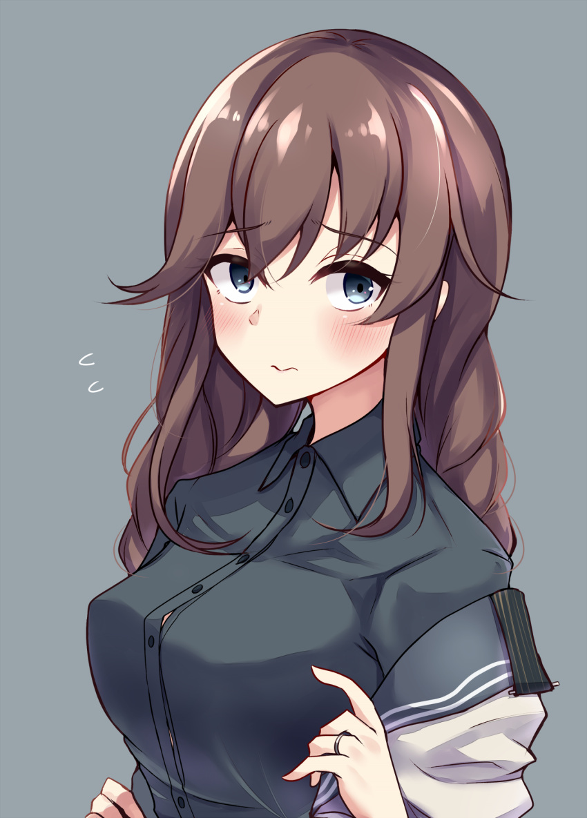 1girl black_sailor_collar black_shirt blue_eyes blush breasts brown_hair buttons closed_mouth collarbone eyebrows_visible_through_hair flying_sweatdrops grey_background highres jewelry kantai_collection large_breasts long_hair noshiro_(kantai_collection) revision ring sailor_collar shirt simple_background solo soramuko upper_body wedding_band