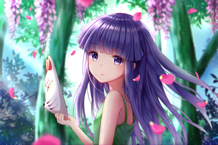 1girl absurdres bangs bare_arms bare_shoulders blunt_bangs blurry blurry_background blush caron closed_mouth commentary day dress eyebrows_visible_through_hair falling_petals floating_hair furude_rika green_dress highres higurashi_no_naku_koro_ni holding holding_mask light_rays long_hair looking_at_viewer mask outdoors petals purple_hair sleeveless sleeveless_dress solo sunbeam sunlight tree upper_body very_long_hair violet_eyes