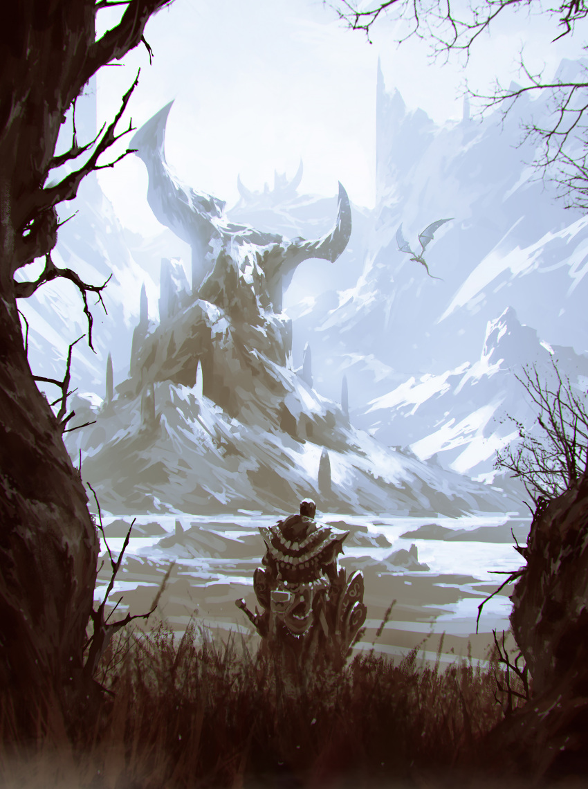 1boy absurdres day dragon facing_away fantasy fog grass highres holding holding_shield kalmahul mountain original outdoors rock scenery sheath shield short_hair snow solo standing tree weapon