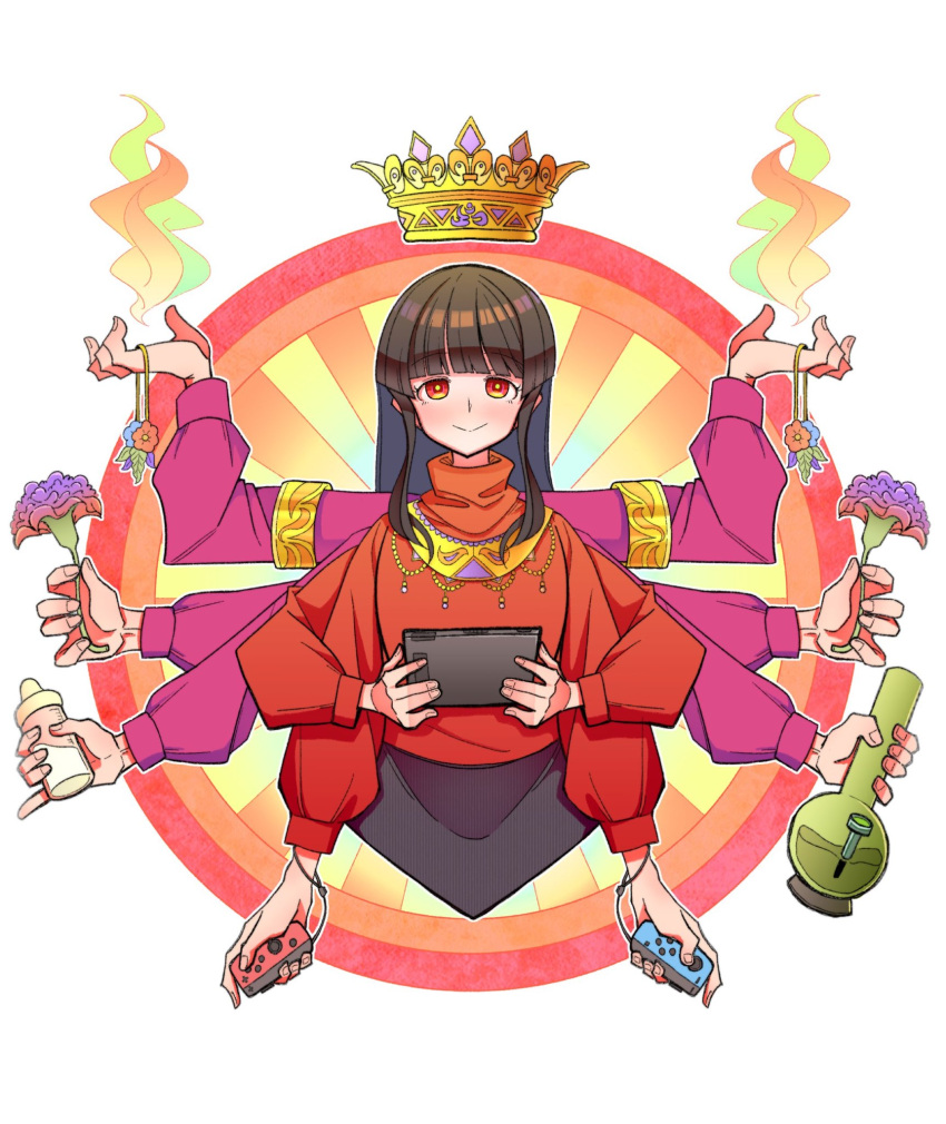 1girl alison_(alison_airlines) black_hair blush_stickers bong character_request commentary_request controller copyright_request crown extra_arms floating flower game_controller highres holding holding_controller holding_flower holding_game_controller long_hair long_sleeves outline red_eyes red_sweater smirk solo sweater white_outline