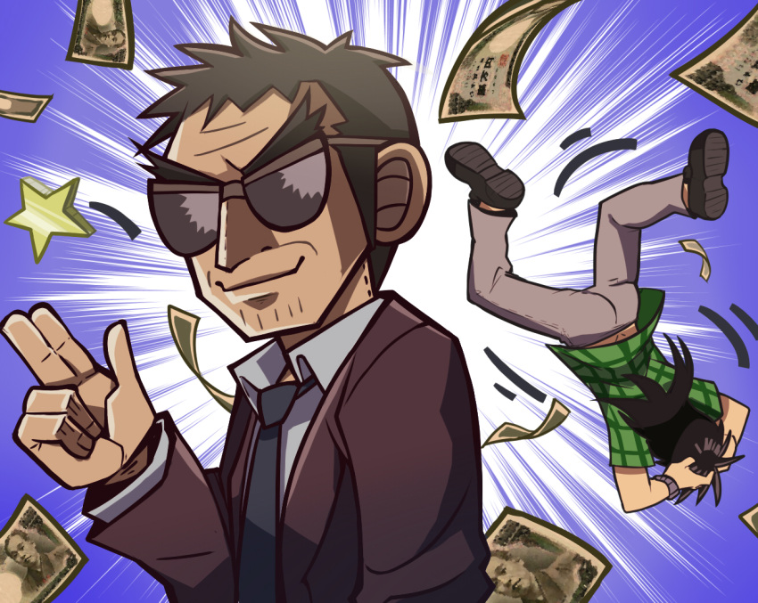 2boys blue_neckwear chibi endou_yuuji finger_gun gonk_(user_fdfd8782) itou_kaiji kaiji male_focus money money_rain multiple_boys necktie sunglasses thick_eyebrows upside-down yen