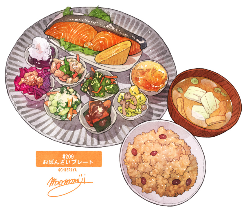 beans bowl child fish food food_focus food_request highres lettuce meat momiji_mao mushroom no_humans obanzai original plate rice salmon seafood signature simple_background soup spring_onion still_life tofu translated vegetable white_background