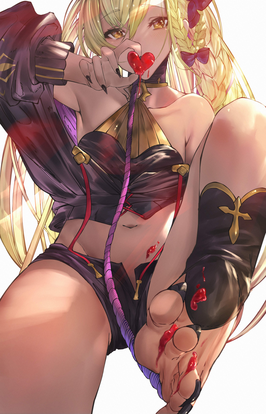 1girl absurdres alternate_costume barefoot betabeet black_bow black_nails blonde_hair bow braid covering_mouth dark_skin dark-skinned_female detached_sleeves eyebrows_visible_through_hair fingernails granblue_fantasy hair_between_eyes hair_bow halter_top halterneck heart helel_ben_shalem highres holding holding_heart long_braid long_hair midriff navel sharp_fingernails sharp_toenails short_shorts shorts simple_background solo tan toenail_polish toenails toes white_background yellow_eyes