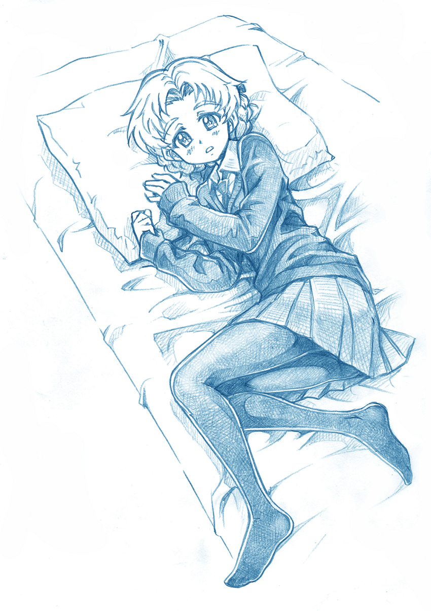 1girl bangs bbb_(friskuser) bed blue_theme braid dress_shirt from_above girls_und_panzer highres long_sleeves looking_at_viewer lying miniskirt monochrome necktie no_shoes on_bed on_side orange_pekoe_(girls_und_panzer) pantyhose parted_bangs parted_lips pillow pleated_skirt school_uniform shirt short_hair skirt solo st._gloriana's_school_uniform sweater tied_hair twin_braids v-neck wing_collar