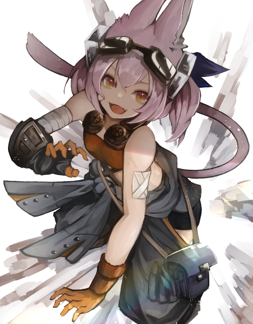 1girl absurdres animal_ears asymmetrical_gloves bandaged_arm bandages bandaid bandaid_on_arm cat_tail clothes_around_waist duel_monster fal_si0n fang fox_ears gloves goggles goggles_on_head headphones headphones_around_neck highres jacket jacket_around_waist mismatched_gloves open_mouth orange_eyes pants pink_hair short_hair solo squatting strapless tail tri-brigade_kitt tube_top two_side_up yu-gi-oh!