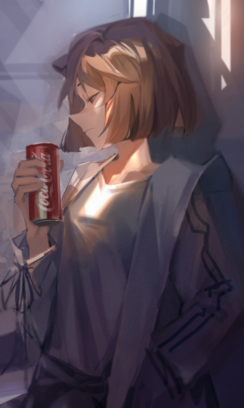1girl absurdres against_wall black_ribbon brown_hair can closed_eyes closed_mouth coat coca-cola collarbone haibara_ai hand_in_pocket highres holding holding_can huge_filesize long_sleeves meitantei_conan open_clothes open_coat profile ribbon shirt short_hair solo standing white_shirt xuanji