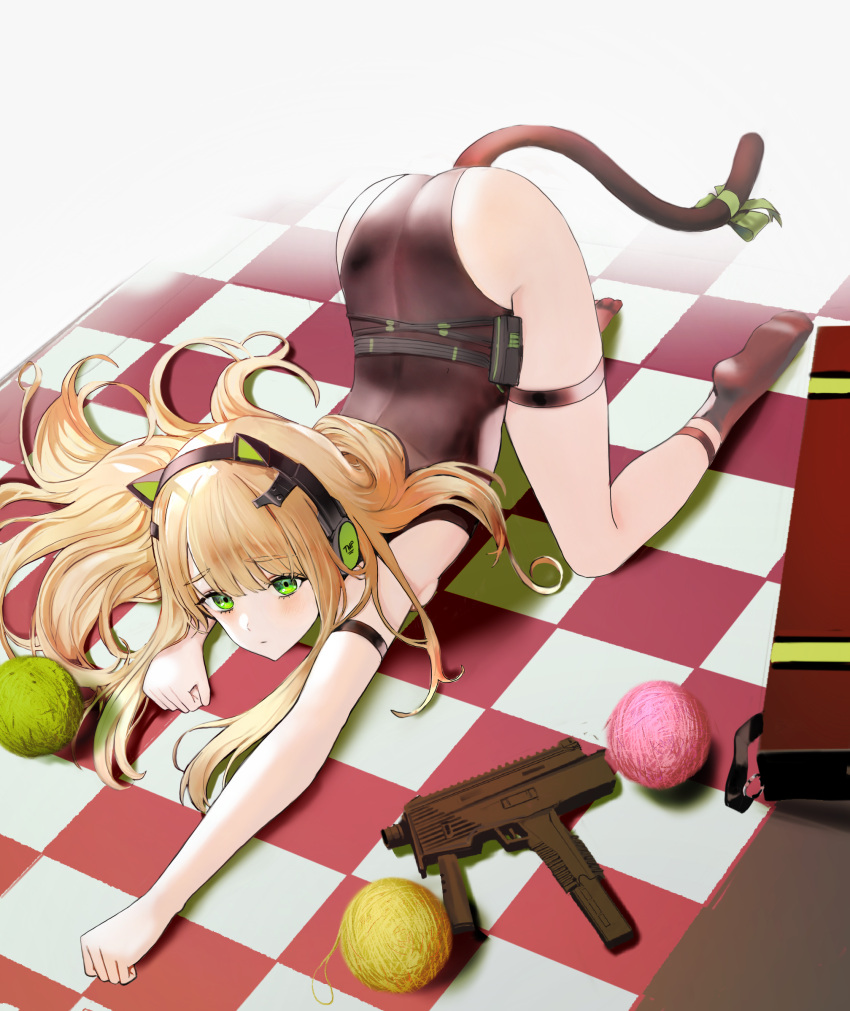 1girl ah_(pixiv62888100) all_fours animal_ears ankle_strap arm_strap ass black_footwear black_leotard blonde_hair blush bow cat_ears cat_tail checkered checkered_floor clenched_hands closed_mouth commentary english_commentary eyebrows_visible_through_hair fake_animal_ears fake_tail full_body girls_frontline green_bow green_eyes gun headphones highres leotard long_hair looking_at_viewer machine_gun simple_background sleeveless socks solo symbol_commentary tail tail_bow tail_ornament tareme thigh_strap thighs tmp_(girls_frontline) top-down_bottom-up weapon white_background yarn yarn_ball