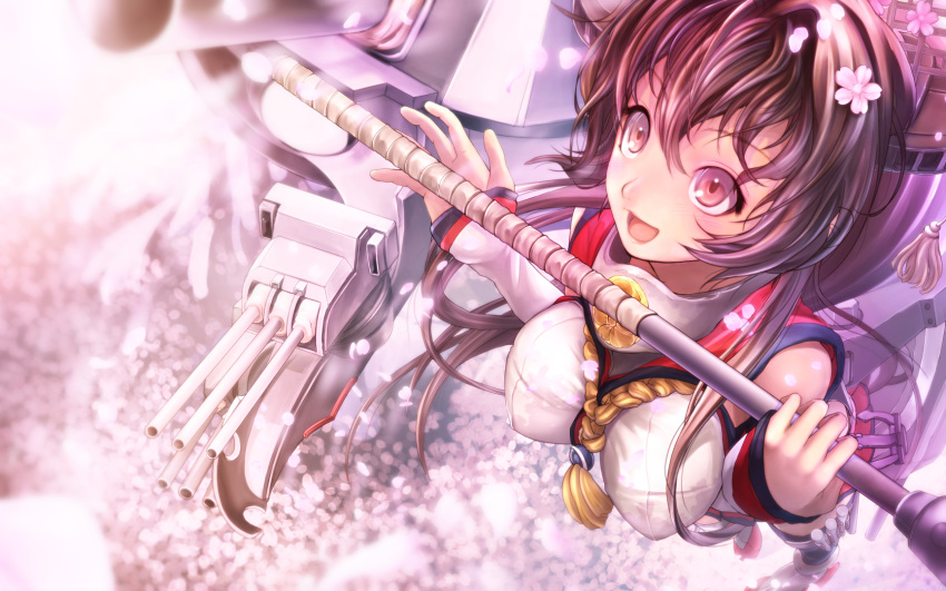1girl breasts brown_hair cherry_blossoms flower hair_flower hair_ornament highres kantai_collection long_hair open_mouth pakupaku_choppu personification petals pink_hair ponytail solo yamato_(kantai_collection)
