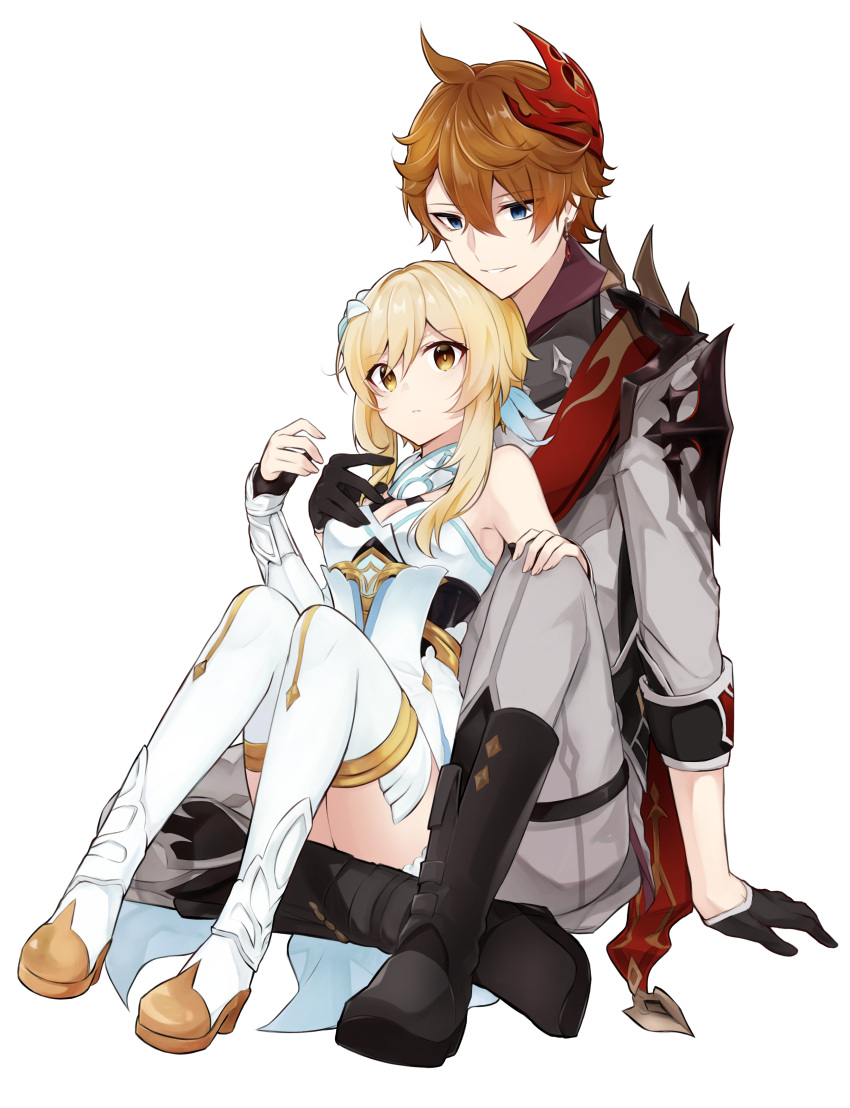 1boy 1girl absurdres bare_shoulders blonde_hair blue_eyes cape capelet coat collared_shirt dress earrings feathers flower gauntlets genshin_impact gloves hair_between_eyes hair_feathers hair_flower hair_ornament hand_on_another's_chest hand_on_breast highres hug hug_from_behind jewelry kuroha1873 lumine_(genshin_impact) mask mask_on_head orange_hair pants shirt short_hair simple_background sitting sitting_on_lap sitting_on_person tartaglia_(genshin_impact) white_background white_legwear white_pants yellow_eyes