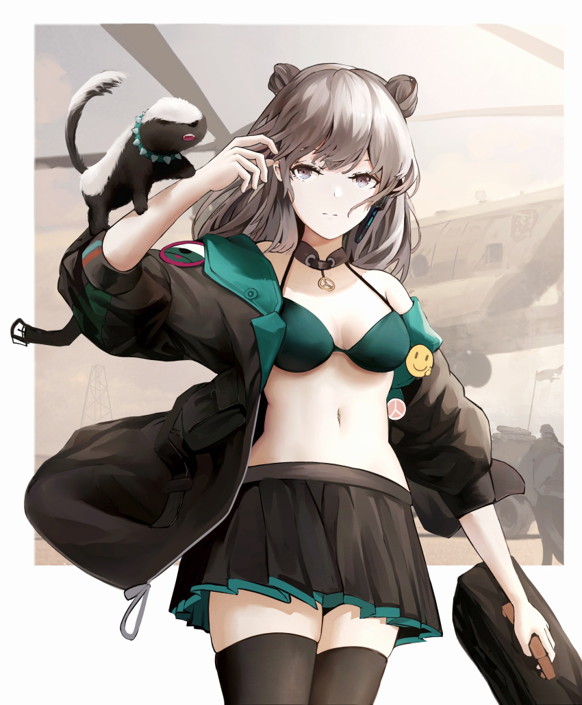 1girl absurdres amamizu_shizuku bag black_legwear black_skirt bra bra_strap breasts brown_hair brown_jacket closed_mouth double_bun eyebrows_visible_through_hair girls_frontline green_bra grey_eyes hair_ornament hand_up highres holding holding_bag honey_badger_(girls_frontline) jacket long_hair looking_at_viewer navel no_shirt skirt small_breasts solo standing thigh-highs underwear