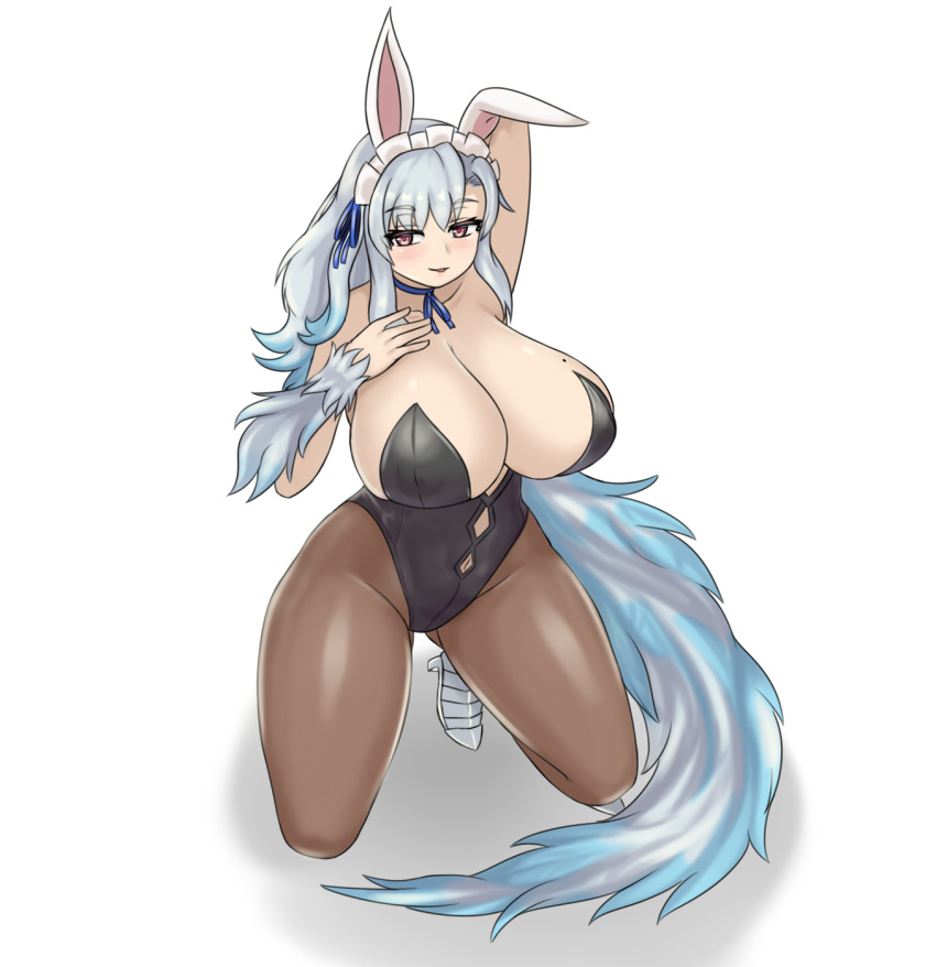 1girl animal_ears arm_behind_head arm_up ass_visible_through_thighs bangs bare_legs bare_shoulders black_leotard blue_hair blue_neckwear blue_ribbon borrowed_character breasts collarbone commentary commission english_commentary eyebrows_visible_through_hair gradient_hair grey_hair hand_on_own_chest high_heels highres huge_breasts kikimora_(monster_girl_encyclopedia) leotard long_hair looking_at_viewer maid_headdress mole mole_on_breast monster_girl monster_girl_encyclopedia multicolored_hair nav navel neck_ribbon original pink_eyes rabbit_ears ribbon simple_background solo tail white_background