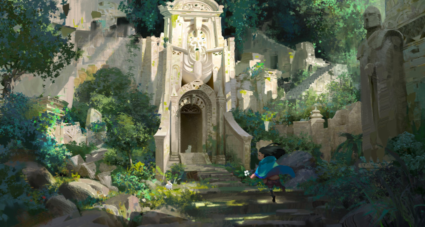 1other absurdres ambiguous_gender animal blue_cape building cape cat dark_skin day fantasy flower highres original overgrown rabbit rubble ruins running scenery statue sunlight tree white_cat ya_lun