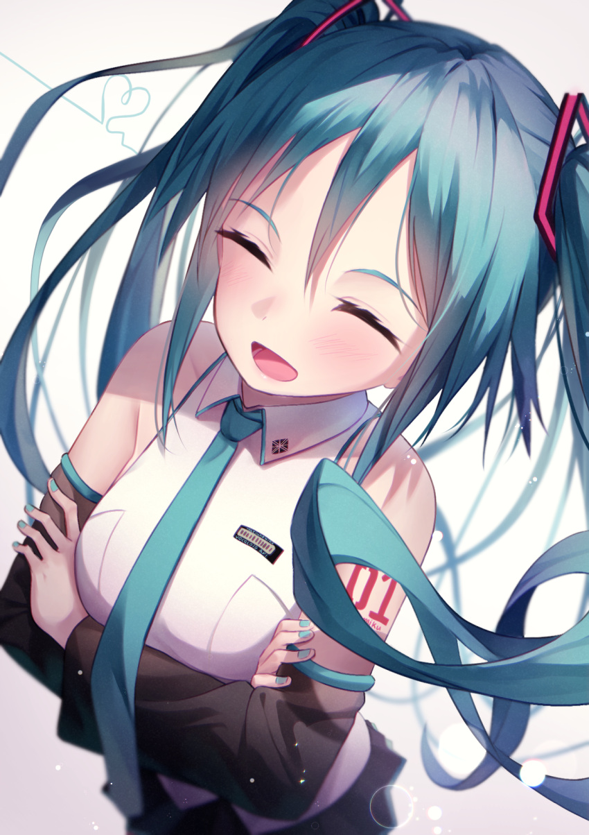 1girl aqua_hair aqua_nails aqua_neckwear bare_shoulders black_skirt black_sleeves blurry blurry_background closed_eyes commentary crossed_arms depth_of_field detached_sleeves floating_hair from_above hair_ornament hatsune_miku highres light_blush long_hair looking_at_viewer nail_polish necktie open_mouth shirt shoulder_tattoo shun'ya_(daisharin36) skirt sleeveless sleeveless_shirt smile solo sound_wave tattoo twintails upper_body very_long_hair vocaloid white_shirt