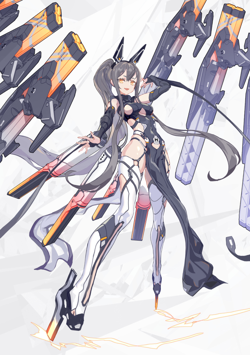 1girl :d absurdres arm_up bare_shoulders black_dress boots breasts bridal_gauntlets cancell close-up clothing_cutout covered_navel dress full_body grey_hair headgear highres long_hair looking_at_viewer mecha_musume mechanical_wings medium_breasts open_mouth orange_eyes original pelvic_curtain ponytail revealing_clothes side_cutout sideboob sidelocks sleeveless sleeveless_dress smile solo stomach_cutout thigh-highs thigh_boots thighs under_boob underboob_cutout very_long_hair white_footwear wings