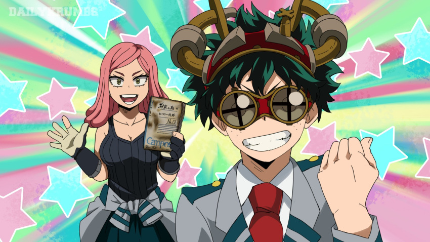 1boy 1girl artist_name bangs bare_shoulders blush boku_no_hero_academia breasts collarbone collared_shirt dailykrumbs gloves goggles goggles_on_head green_eyes green_hair grey_jacket grin hand_up hands_up hatsume_mei highres holding jacket large_breasts looking_at_viewer medium_hair midoriya_izuku necktie open_mouth pink_hair red_neckwear school_uniform shirt short_hair smile starry_background striped symbol-shaped_pupils tank_top waving yellow_eyes