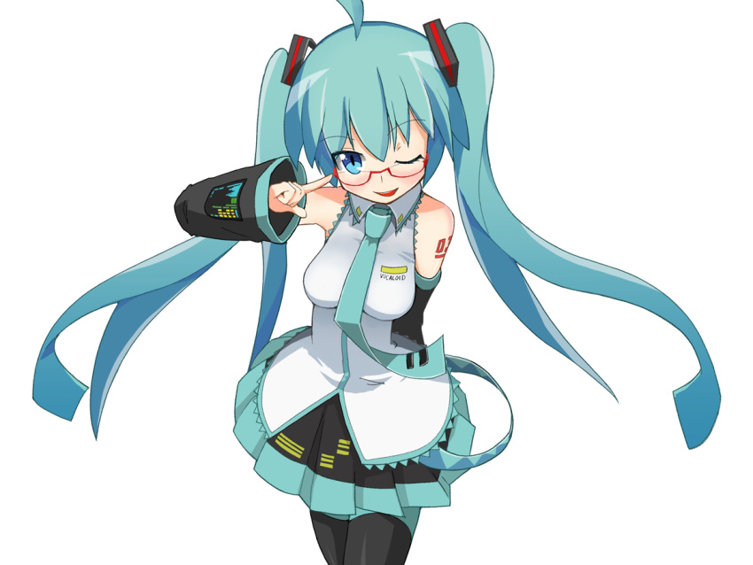 1girl ahoge aqua_eyes aqua_hair aqua_neckwear arm_behind_back bare_shoulders bespectacled black_legwear black_skirt collared_shirt commentary_request cropped_legs detached_sleeves dress_shirt eyebrows_visible_through_hair finger_to_eyewear glasses grey_shirt hatsune_miku head_tilt long_hair mamagogo_(gomaep) necktie number_tattoo one_eye_closed open_mouth pleated_skirt red-framed_eyewear semi-rimless_eyewear shirt shoulder_tattoo simple_background skirt sleeveless sleeveless_shirt smile solo tattoo thigh-highs twintails under-rim_eyewear vocaloid white_background