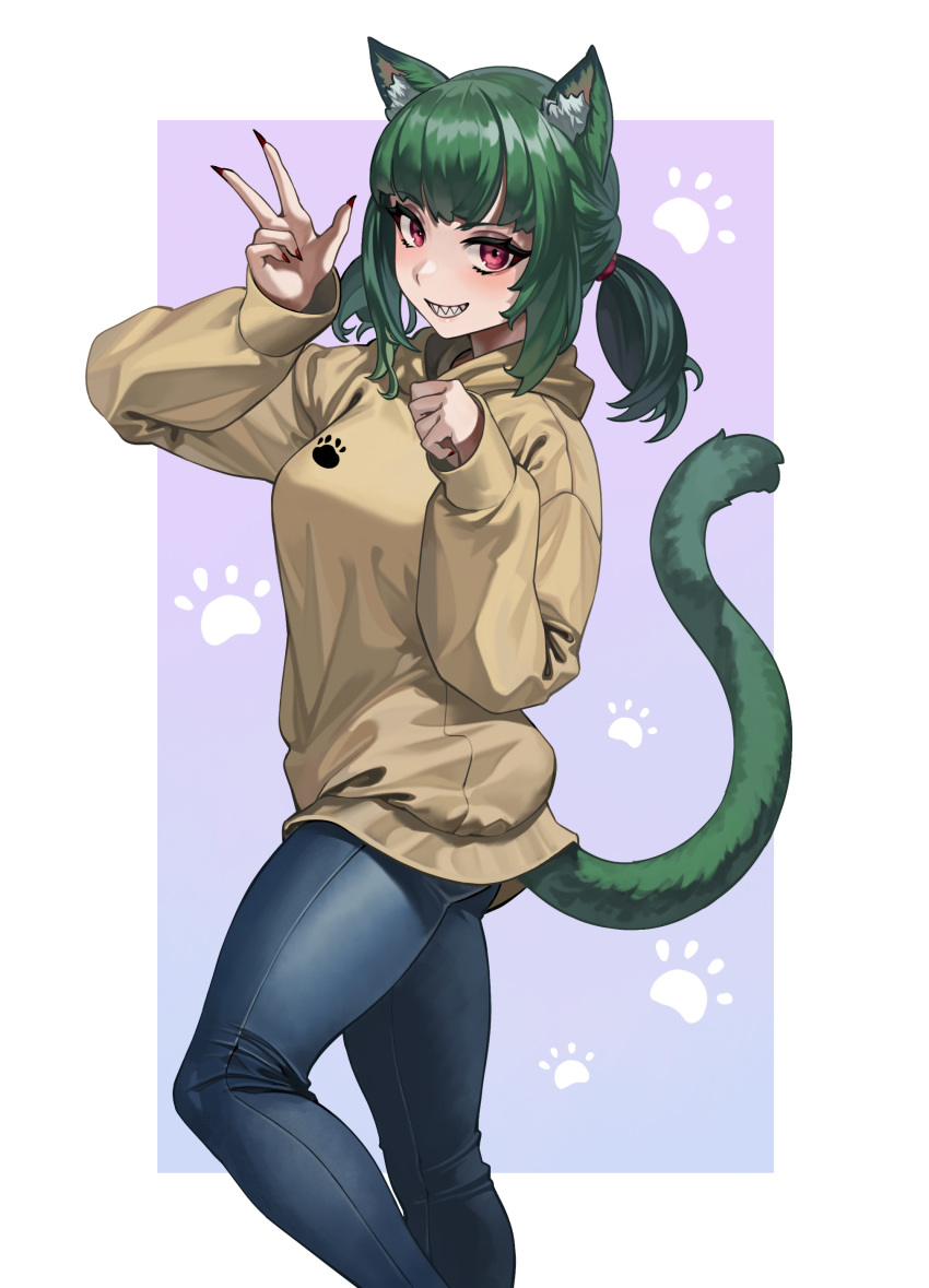 1girl absurdres animal_ear_fluff animal_ears bangs blue_legwear border brown_hoodie casual cat_ears cat_girl cat_tail commentary denim feet_out_of_frame fingernails geminingen green_hair grin highres hood hoodie jeans junguji_(rimworld) long_fingernails long_sleeves looking_at_viewer medium_hair pants paw_pose paw_print ponytail red_eyes red_nails rimworld sharp_teeth smile solo standing standing_on_one_leg tail teeth thighs tight tight_pants v white_border
