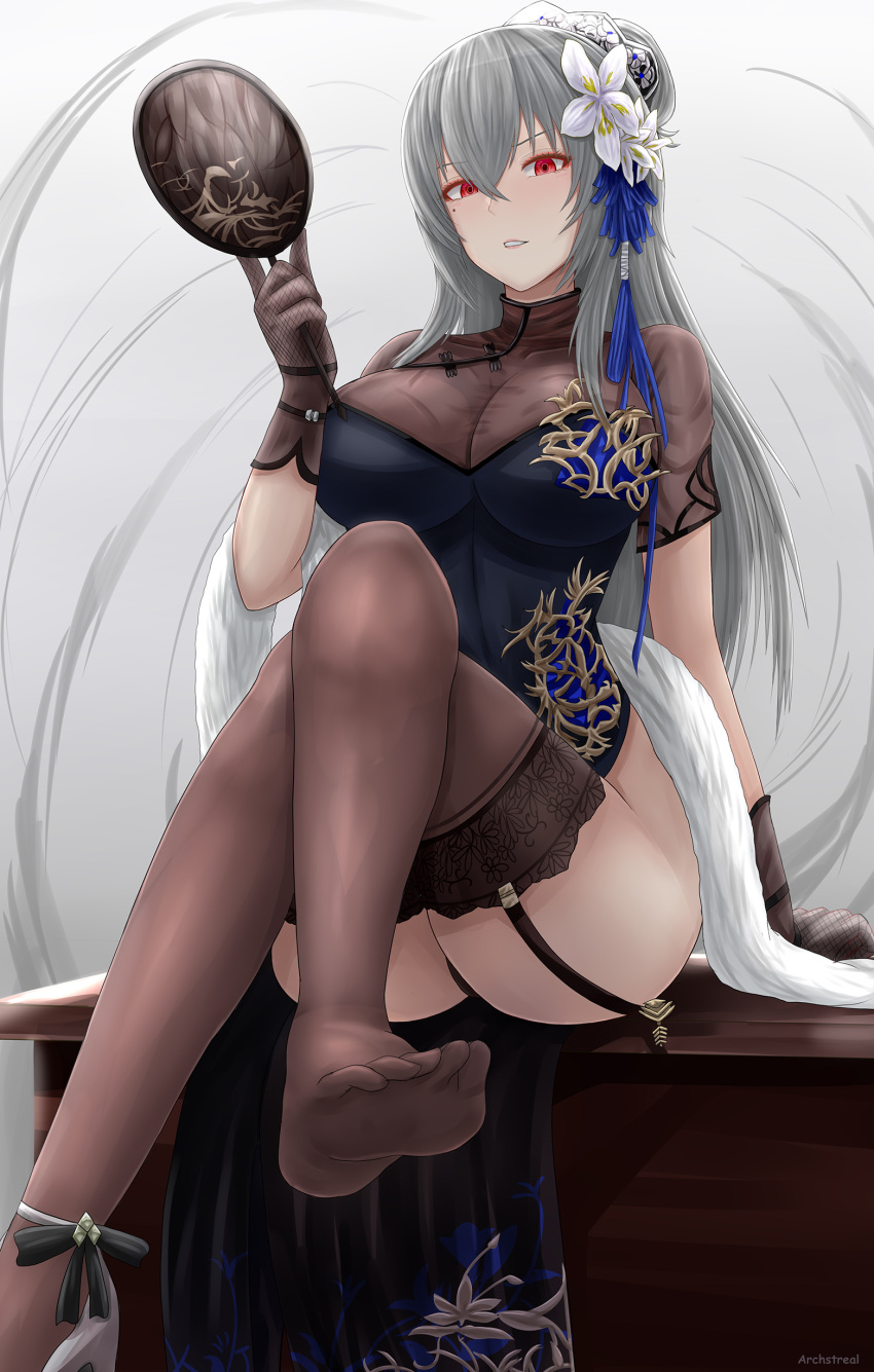 1girl absurdres archstreal azur_lane black_dress breasts brown_gloves brown_legwear china_dress chinese_clothes crossed_legs dress fan feather_boa flower from_below garter_straps gloves grey_hair hair_between_eyes hair_flower hair_ornament highres holding holding_fan large_breasts long_hair looking_at_viewer mole official_alternate_costume red_eyes saint-louis_(alluring_administrator)_(azur_lane) saint-louis_(azur_lane) see-through see-through_legwear short_sleeves soles solo white_flower